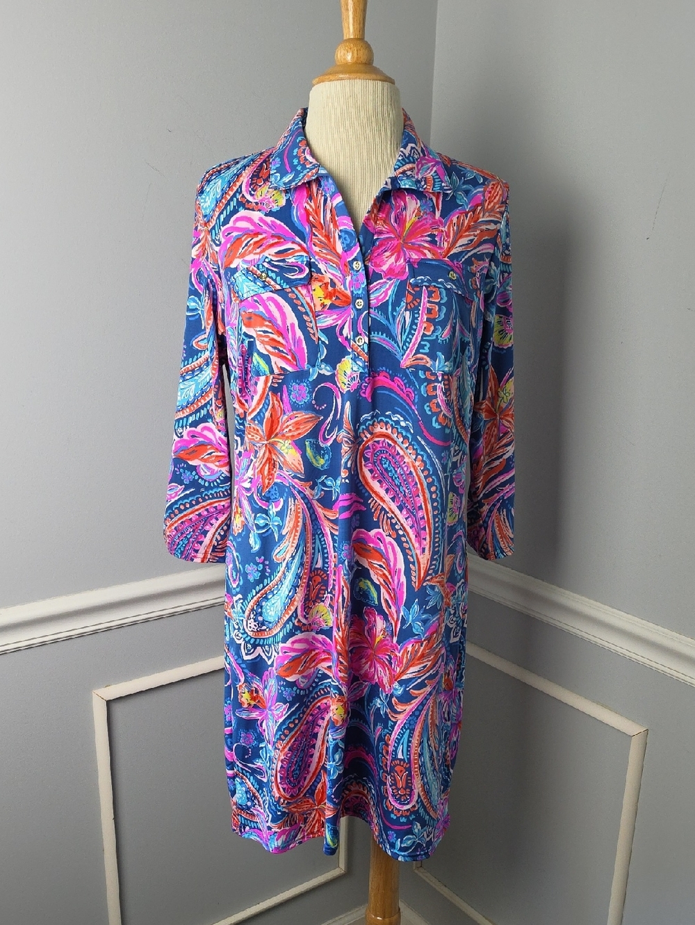 STELLA PARKER Blueberry Floral Tropical Print Button 3/4 Sleeve Shirt Dress M